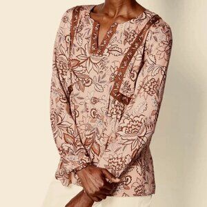 NWT J.Jill Boho Peasant Top Pale Pink & Brown Floral Earthy Accents V Neck BOHO